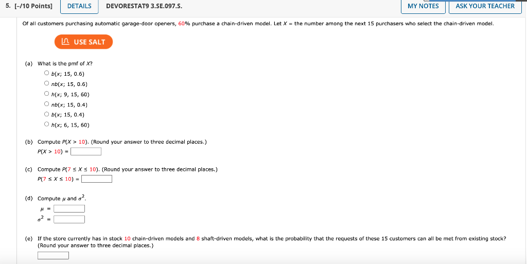 Solved 5. (-/10 Points] DETAILS DEVORESTAT9 3.SE.097.S. MY | Chegg.com
