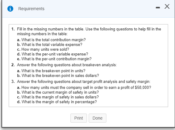 Solved 1 Requirements 1. Fill in the missing numbers in the | Chegg.com