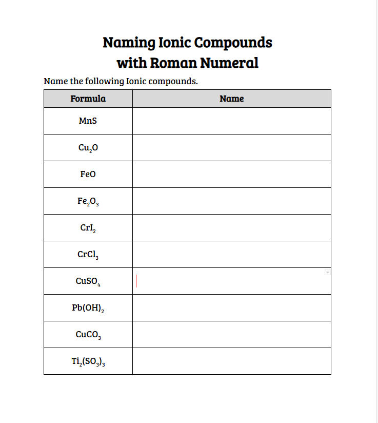 Solved Naming Ionic Compounds with Roman Numeral Name the | Chegg.com