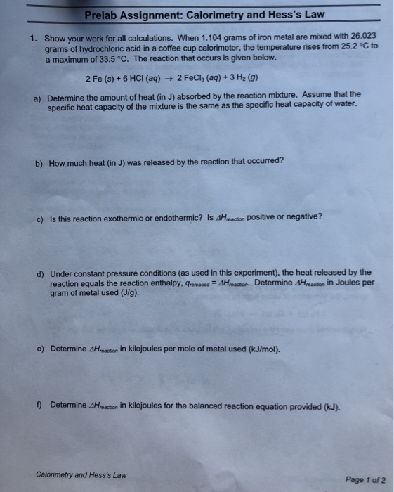 Solved Prelab Assignment Calorimetry and Hess's Law Show