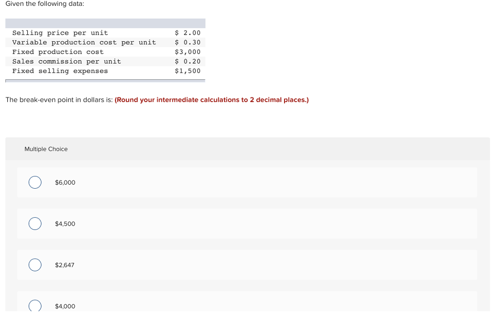 Solved Given the following data: Selling price per unit | Chegg.com