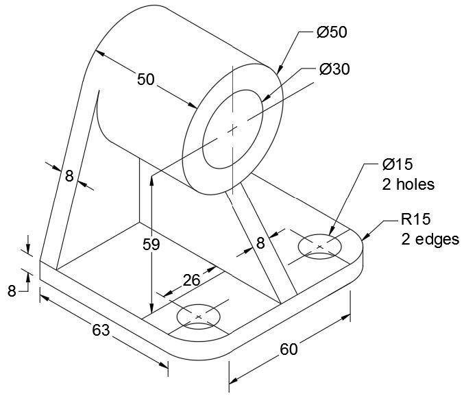 Solved 050 Ø30 50 8 015 2 holes R15 2 edges 59 8 26 8 63 60 | Chegg.com