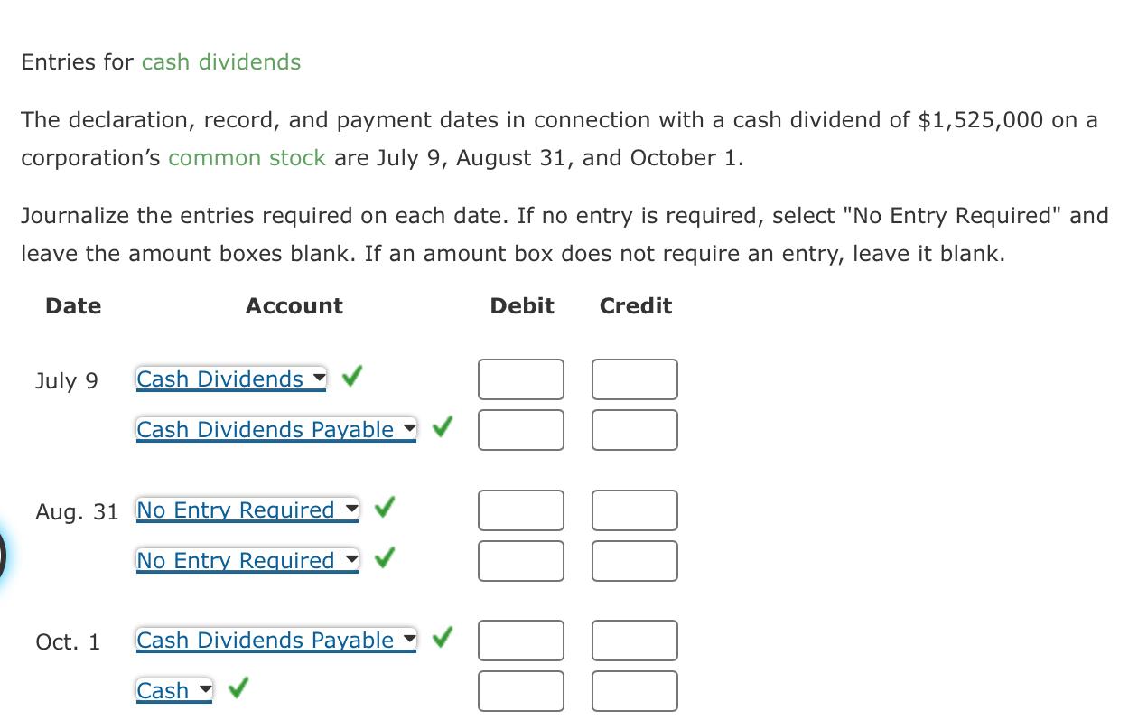 Solved Entries for cash dividends The declaration, record,