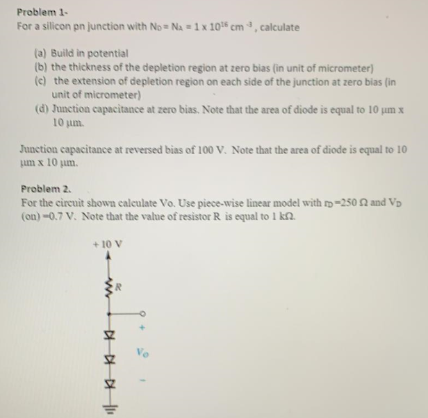 Solved Problem 1. For a silicon pn junction with No = Na = 1 | Chegg.com