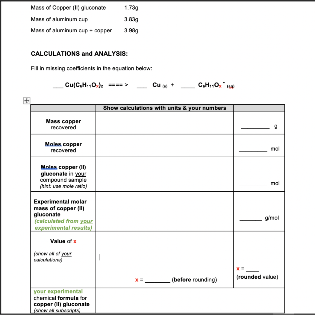Solved Mass of Copper (11) gluconate 1.73g Mass of aluminum