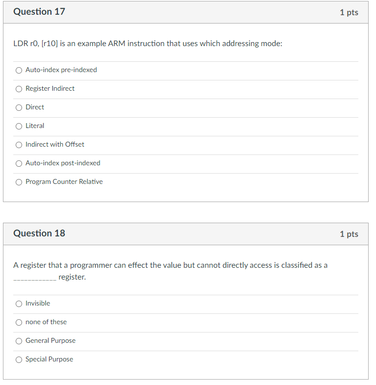 Solved Question 17 1 pts LDR ro, [r10] is an example ARM | Chegg.com