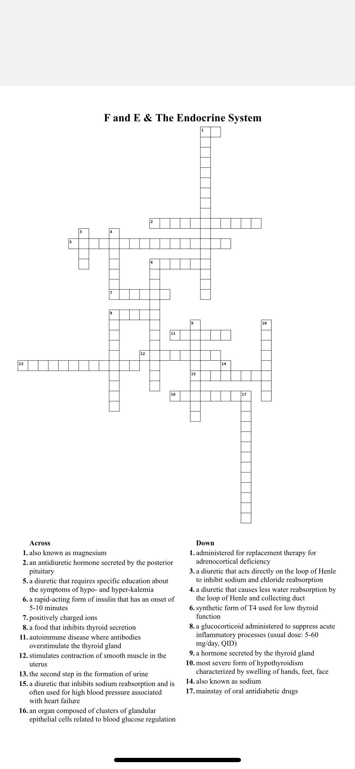 Solved Across 1. also known as magnesium 2. an antidiuretic | Chegg.com