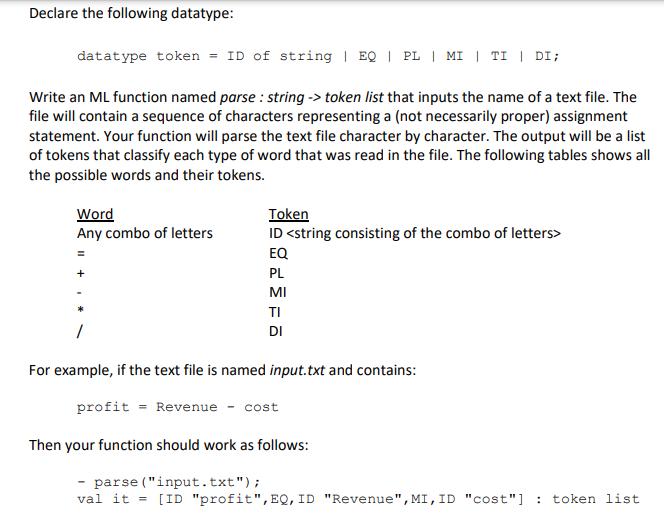 Solved Write an ML function named parse : string → token | Chegg.com