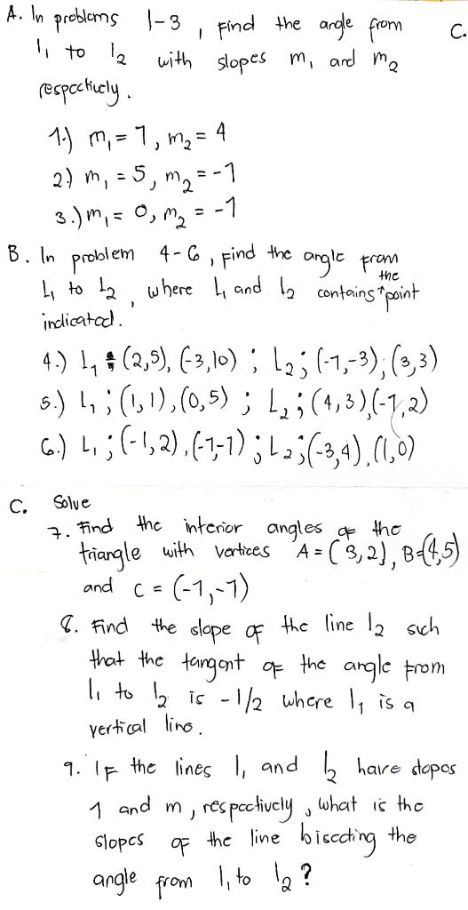 Solved A. In problems 1-3 1 to 12 with C. Find the angle | Chegg.com