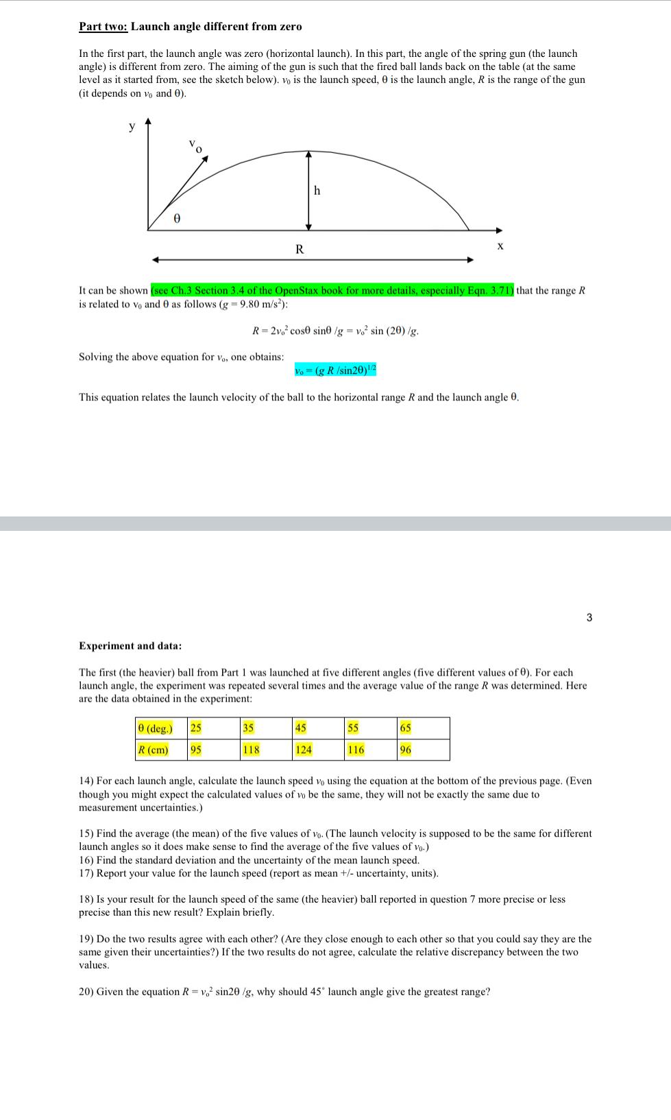 Solved LAB 3: Projectile Motion You will need a few formulas | Chegg.com