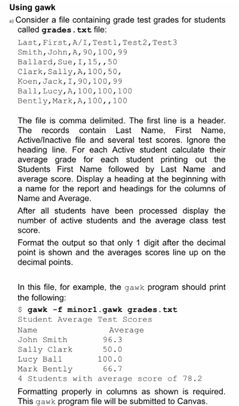 Using gawk a) Consider a file containing grade test | Chegg.com