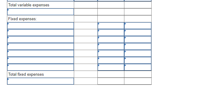 \begin{tabular}{|l|l|l|l|}
\hline Total variable expenses & & & \\
\hline & & & \\
\hline Fixed expenses: & & & \\
\hline & &