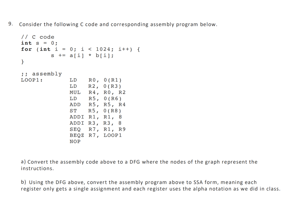 9. Consider the following C code and corresponding | Chegg.com