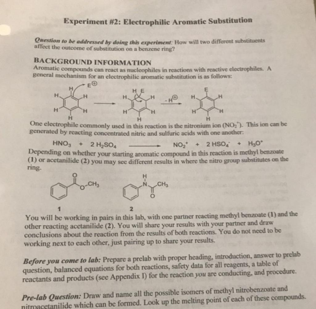 Solved Experiment #2: Electrophilic Aromatic Substitution | Chegg.com