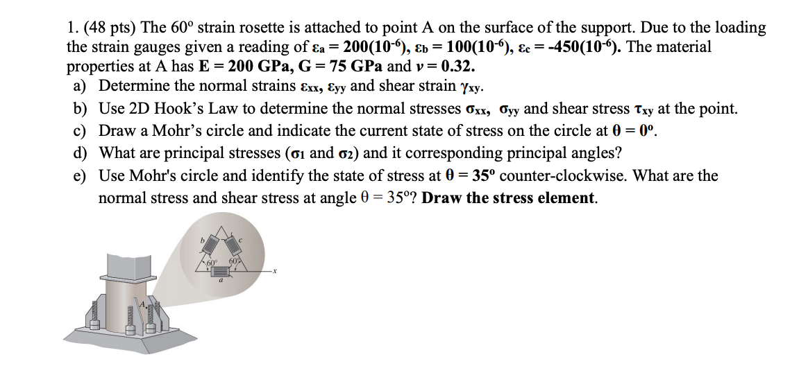 Solved 1. (48 pts) The 60° strain rosette is attached to | Chegg.com