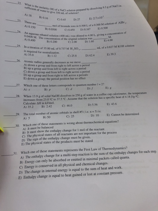 Solved 22 What Is The Molarity M Of A Nacl Solution Pr Chegg Com