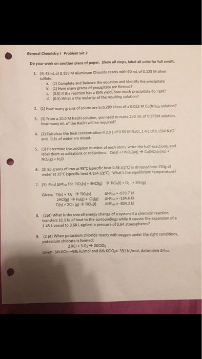 Solved General Chemistry 1 Problem Set 2 Do your work on | Chegg.com