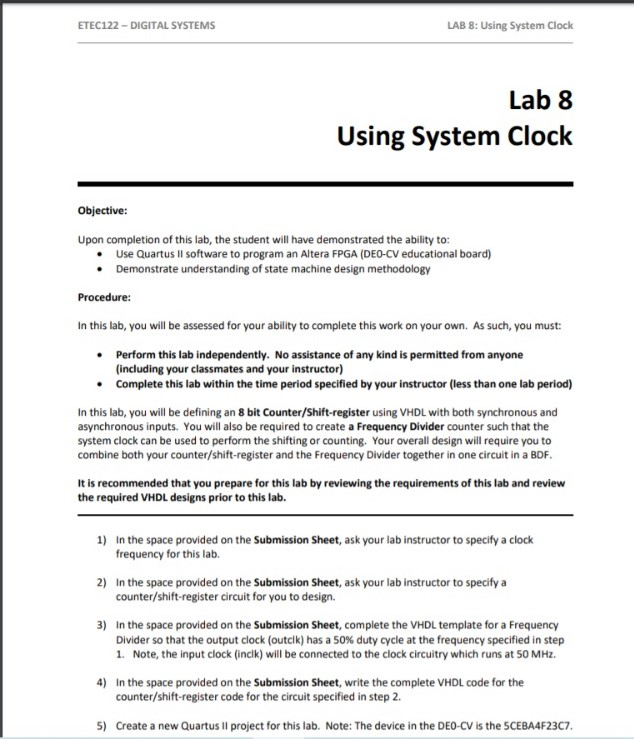 ETEC122 - DIGITAL SYSTEMS LAB 8: Using System Clock | Chegg.com