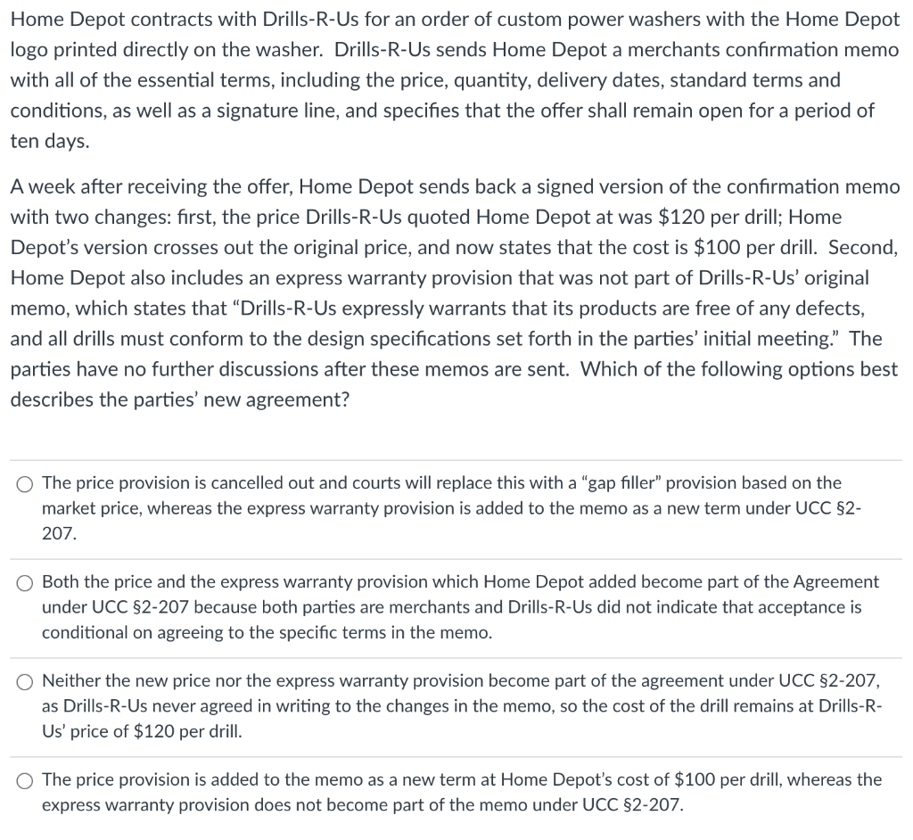 Solved Home Depot contracts with DrillsRUs for an order of