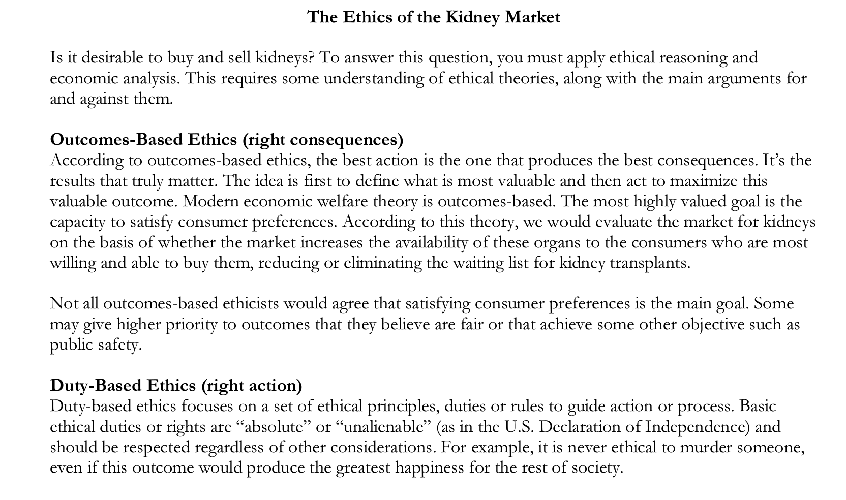 Solved The Ethics of the Kidney Market Is it desirable to