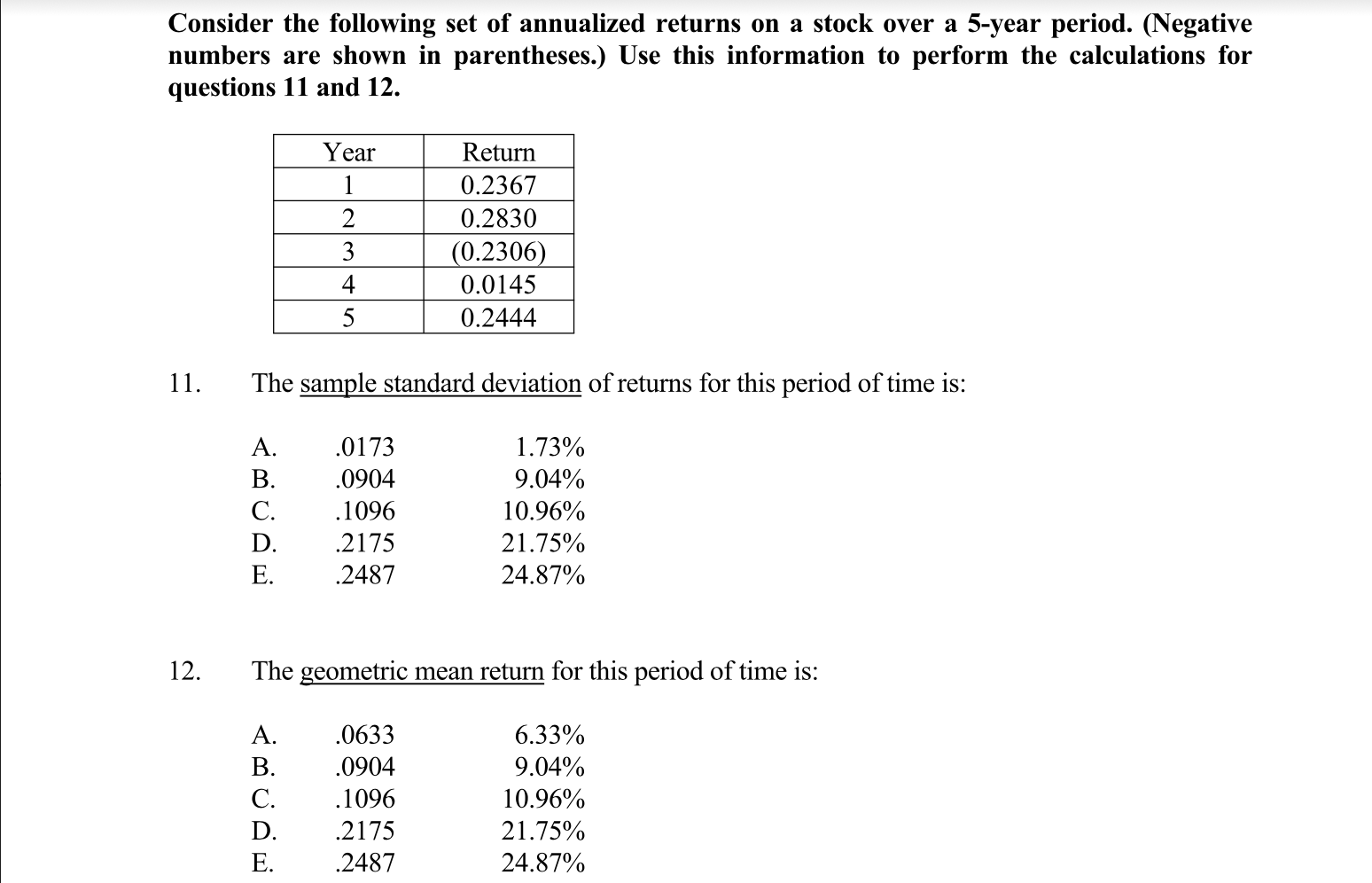 Solved Consider The Following Set Of Annualized Returns On A | Chegg.com