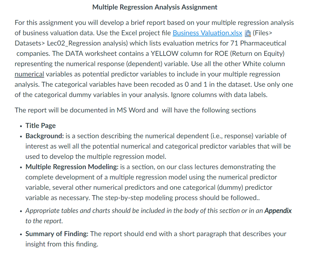 Multiple Regression Analysis Assignment For this | Chegg.com