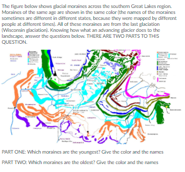 Solved The figure below shows glacial moraines across the | Chegg.com