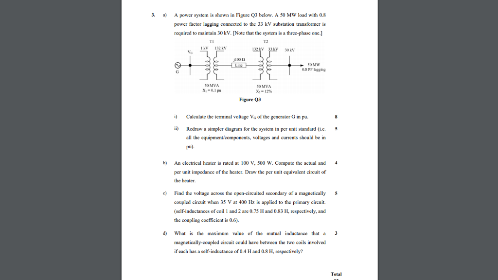 Solved A power system is shown in Figure Q3 below. A 50 MW | Chegg.com