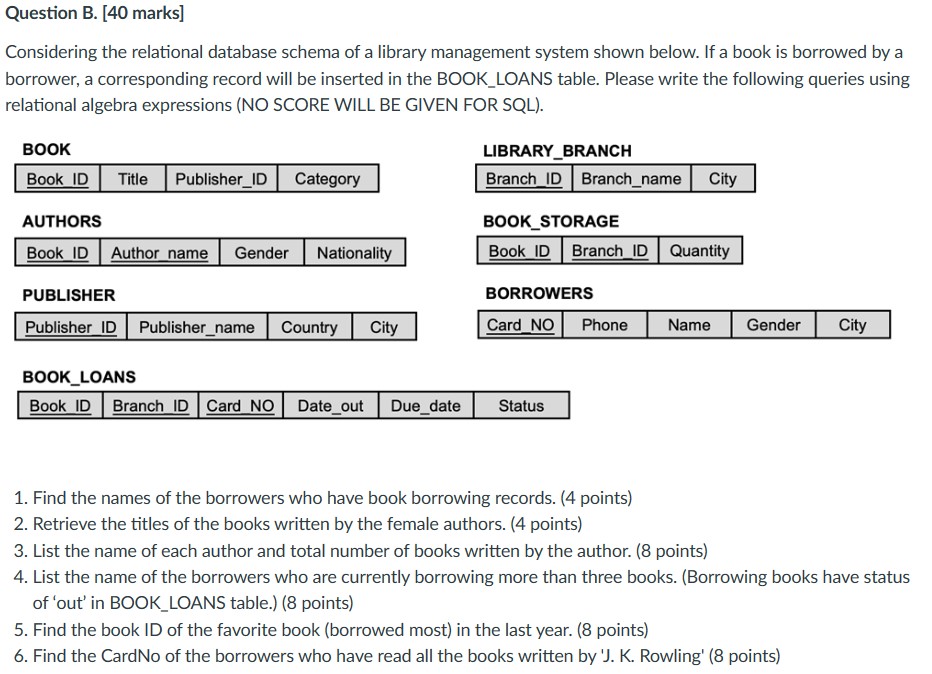 Solved Question B. [40 ﻿marks]Considering the relational | Chegg.com