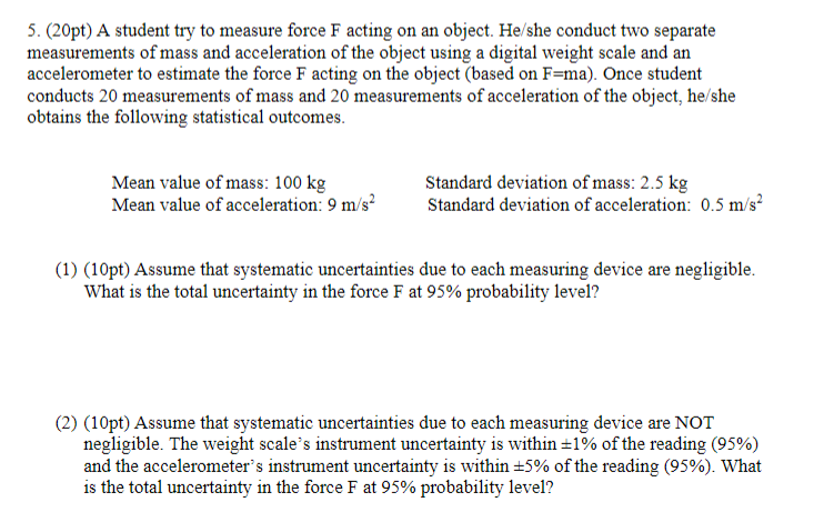 Solved 5. (20pt) A student try to measure force F acting on | Chegg.com