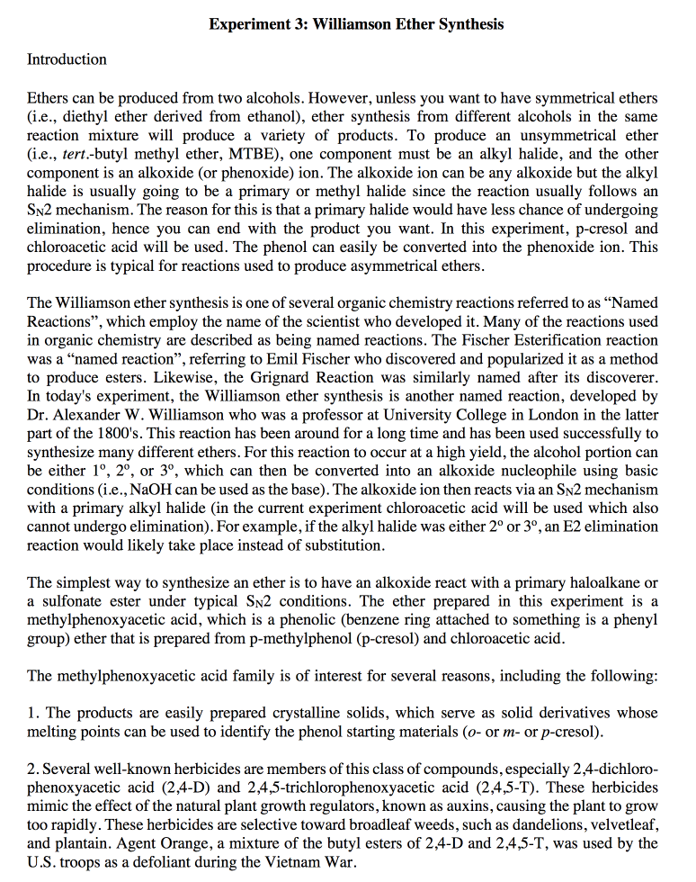 Solved Experiment 3: Williamson Ether Synthesis Introduction | Chegg.com