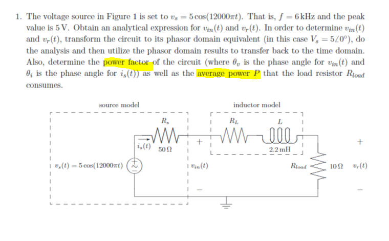 Solved 1. The voltage source in Figure 1 is set to vs = | Chegg.com