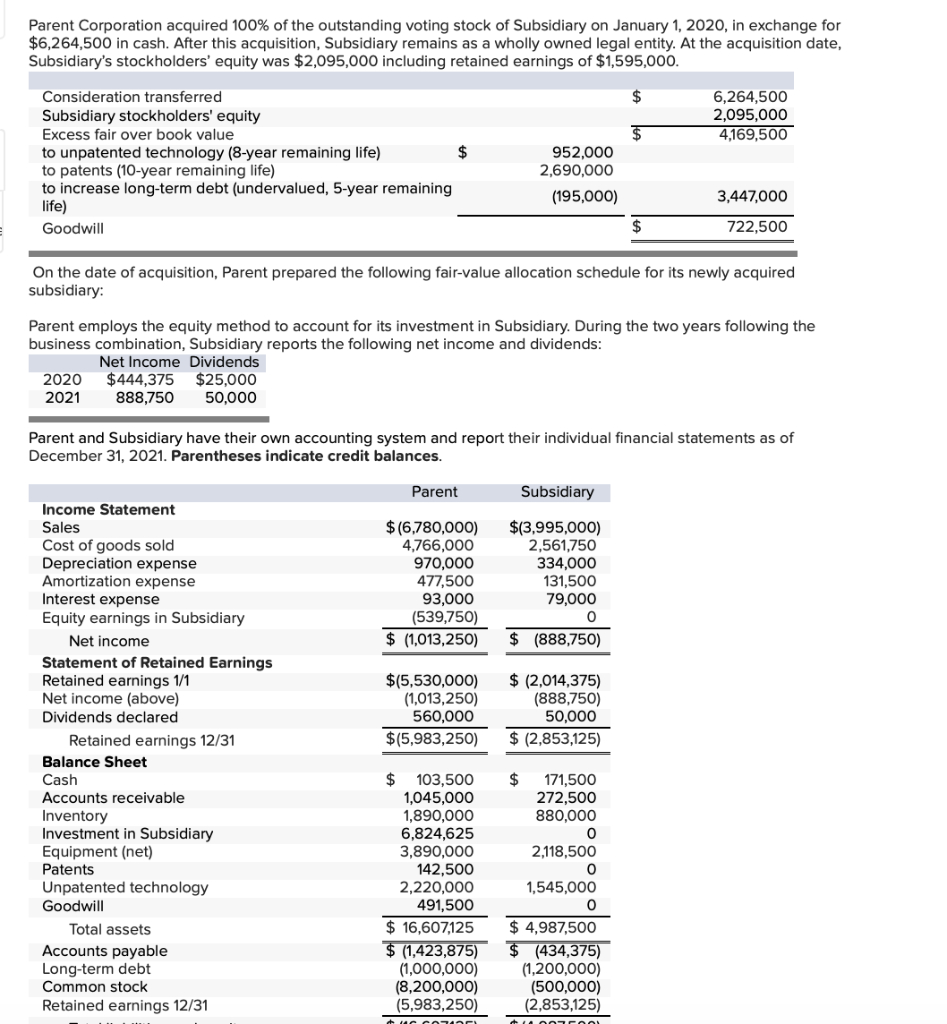 Solved Parent Corporation acquired 100% of the outstanding | Chegg.com