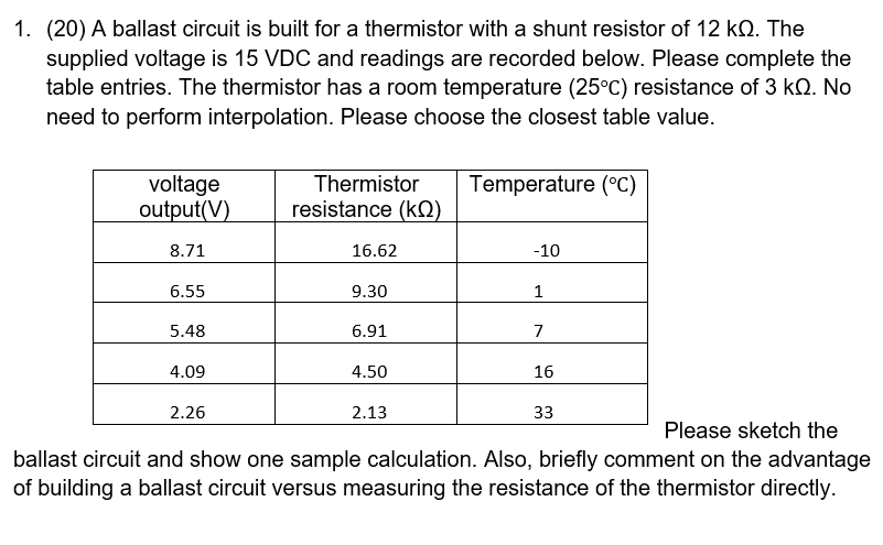 1. (20) A ballast circuit is built for a thermistor | Chegg.com