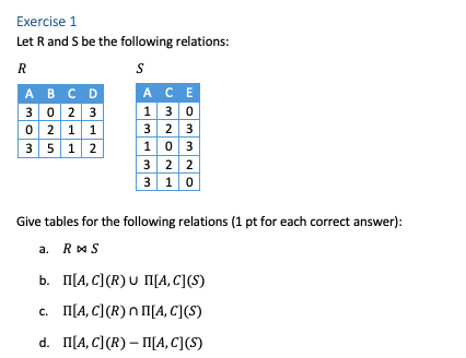 Exercise 1 Let Rand S be the following relations: ACE 130 A B 3 0 0 2 | 3 5 C D 2 3 1 1 1|2 | 3 2 3 1103 3110 Give tables for