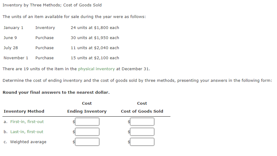 Solved Inventory By Three Methods; Cost Of Goods Sold The | Chegg.com