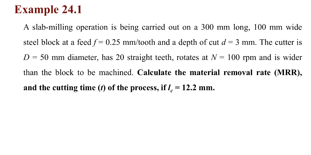 Solved Example 24.1 A slabmilling operation is being