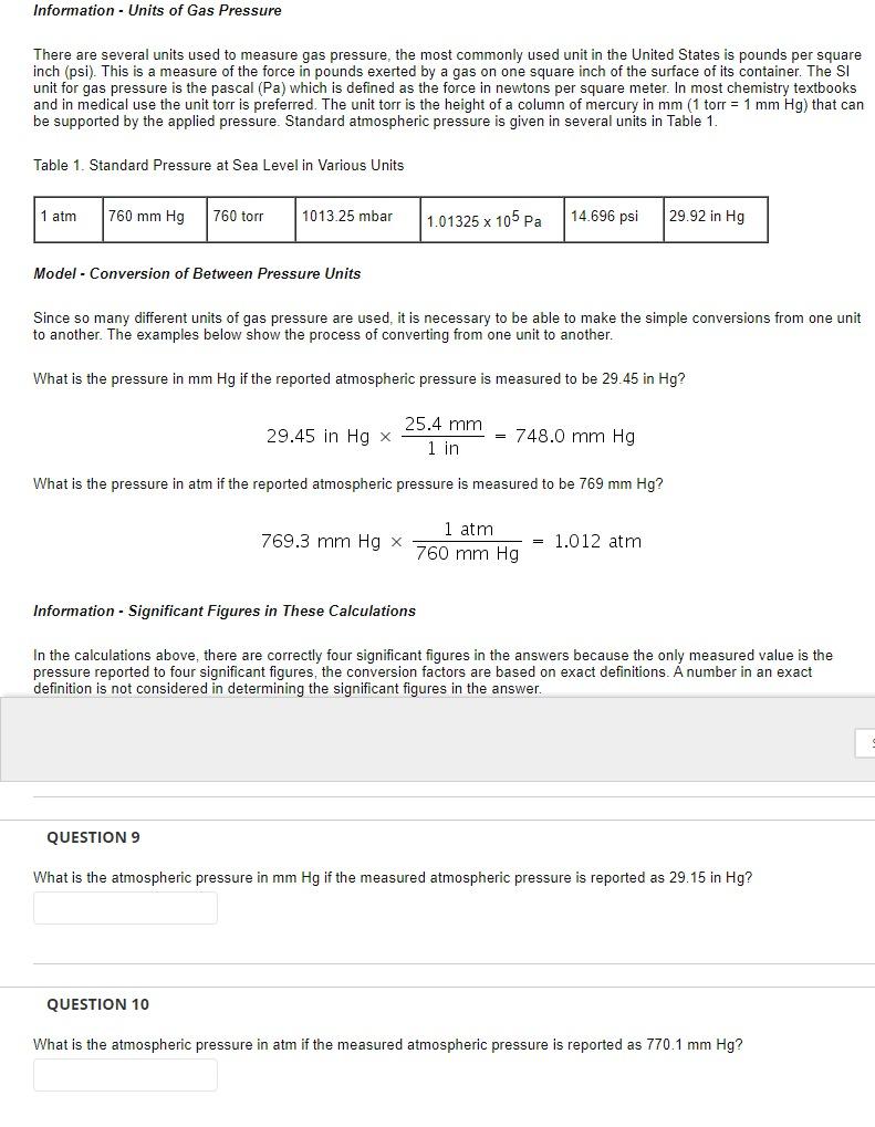 Solved Information Units of Gas Pressure There are several