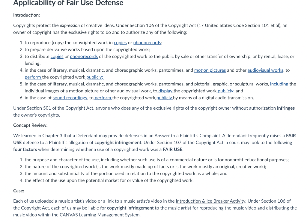 Solved Explain your FAIR USE defense. To do so, address each 