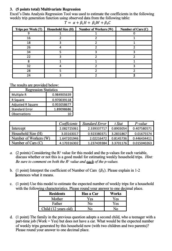 Solved 3 5 points total multivariate regression excel s chegg