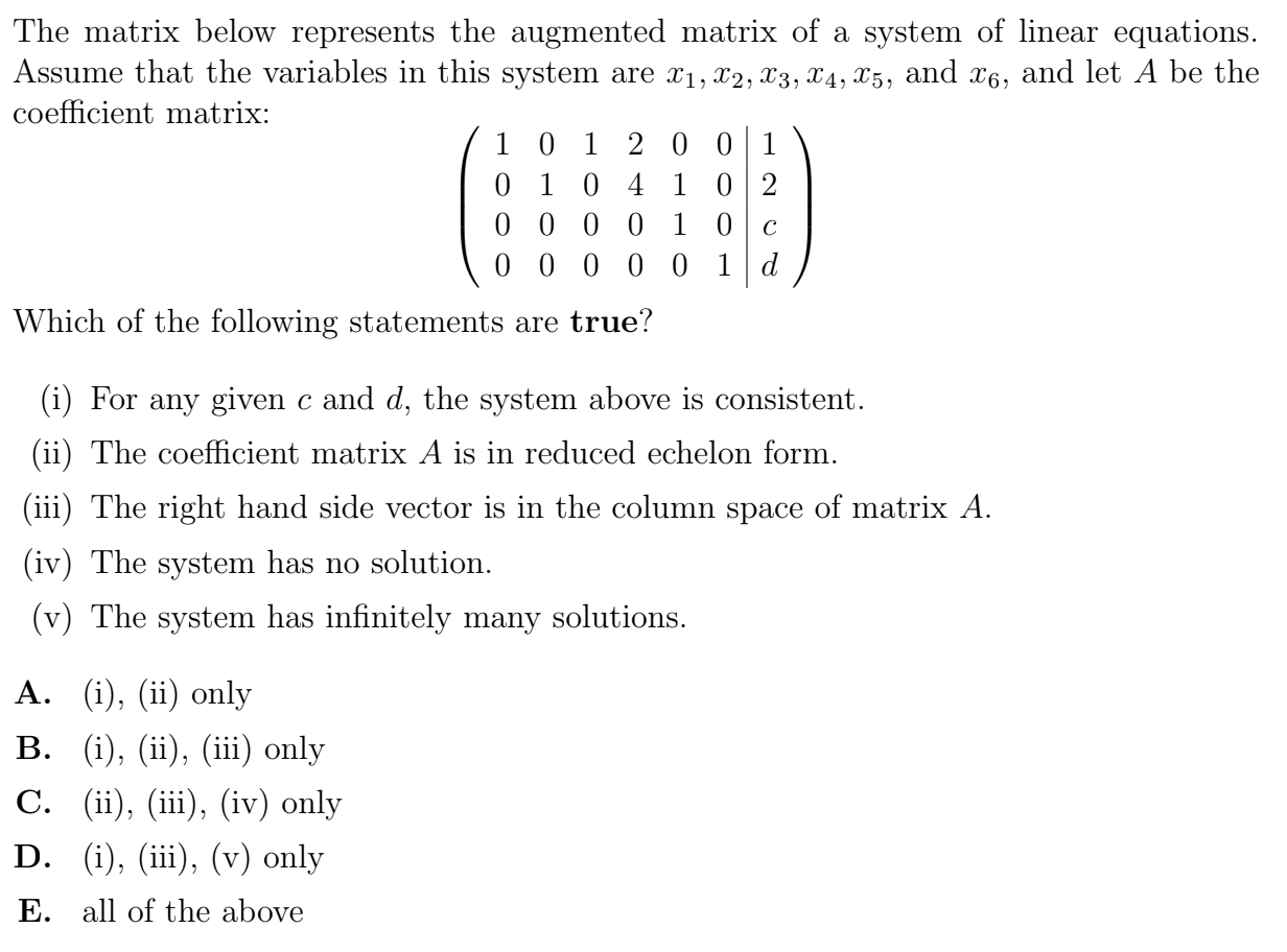 Solved The matrix below represents the augmented matrix of a | Chegg.com