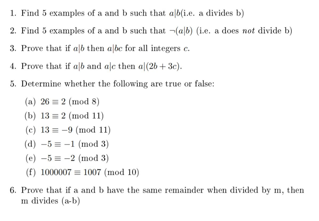 Solved 1. Find 5 Examples Of A And B Such That Alb(i.e. A | Chegg.com