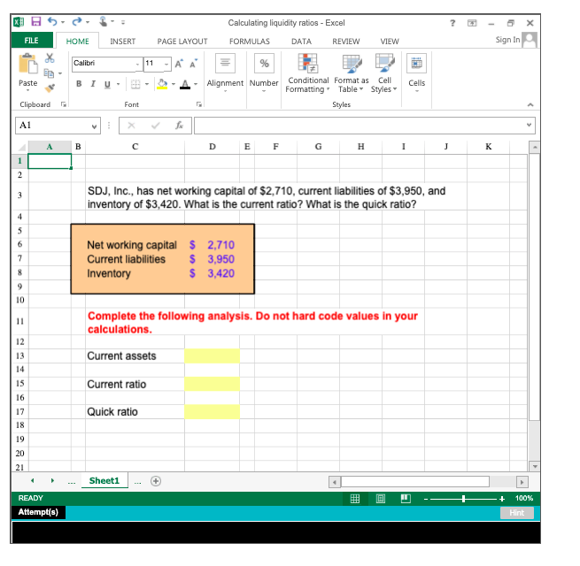 Solved Calculating liquidity ratios Excel FILE HOME