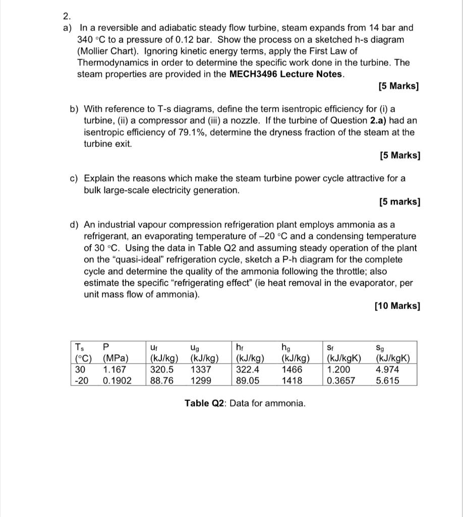 Solved 2. a) In a reversible and adiabatic steady flow | Chegg.com