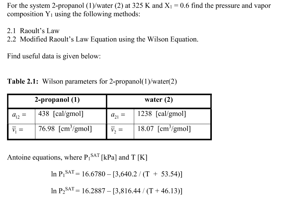 For The System 2 Propanol 1 Water 2 At 325 K And Chegg Com