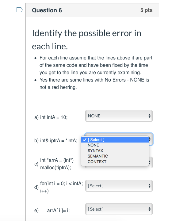 Solved Question 6 5 Pts Identify The Possible Error In Each | Chegg.com