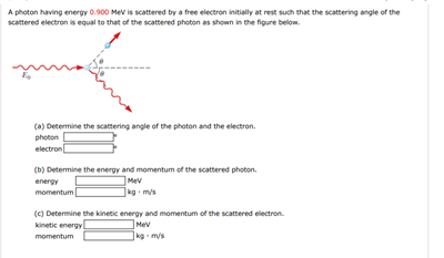 Solved A photon having energy 0.900 MeV is scattered by a | Chegg.com