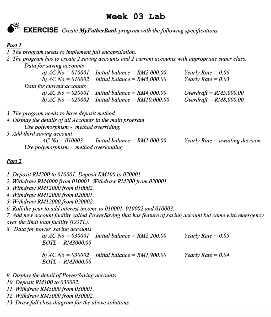 Solved Week 03 Lab * EXERCISE Create MyFatherBank program