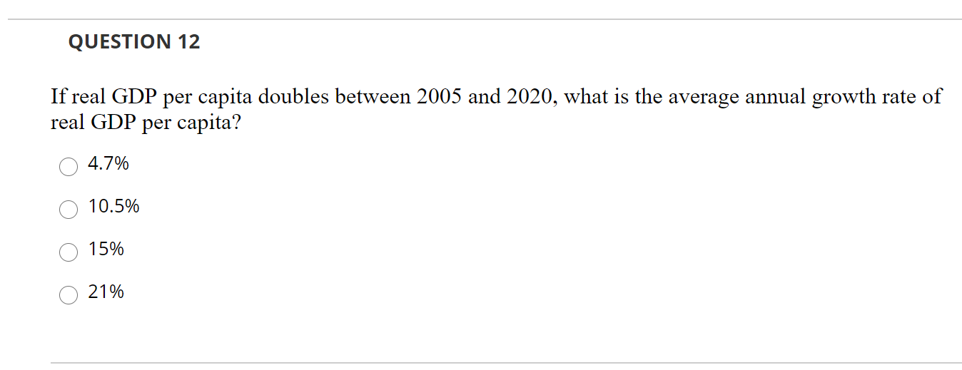 Solved QUESTION 12 If real GDP per capita doubles between | Chegg.com