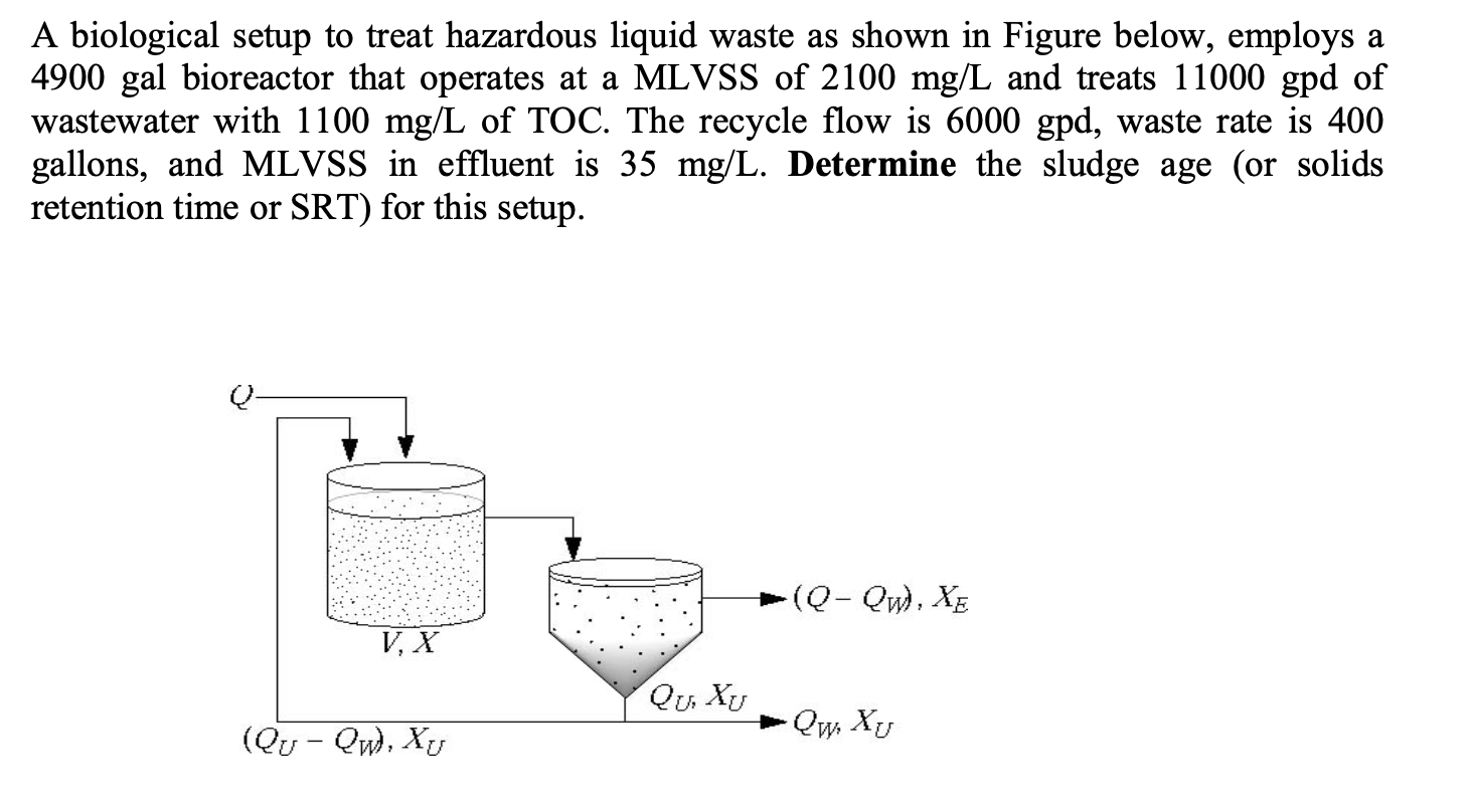 A biological setup to treat hazardous liquid waste as shown in Figure below, employs a 4900 gal bioreactor that operates at a